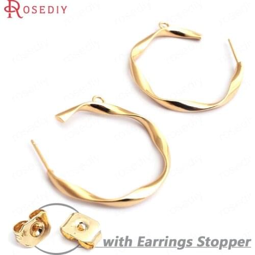 35245)10PCS 23MM 32.5MM 24K Gold Color Brass Twisted Wire Earrings Loop Stud Earrings High Quality Jewelry Findings Accessories