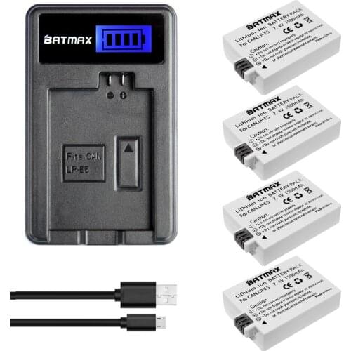 4Pack 1500mAh LP-E5 LP E5 LPE5 Batteries& LCD USB Chargerfor Canon EOS 450D 500D 1000D Digital KISS X2 X3 F Rebel XS T1i XSi
