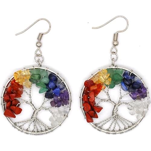 7 Chakra Quartz Natural Stone Tree of Life Pendulum Pendant Earrings for Women Healing Crystal Earring Pendants Reiki Jewelry