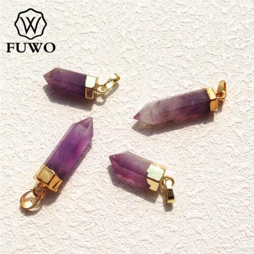 FUWO Wholesale Womens Natural Purple Crystal Quartz Point Pendants With Gold Cap Popular Bullet Shape Amethysts Jewelry PD117