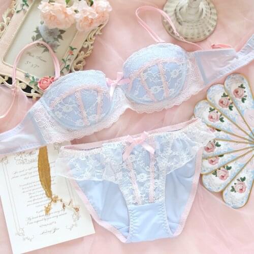 Honviey Underwear sweet and cute lace lingerie with briefs set girl heart fresh steel ring gathered thin bra set large size bra