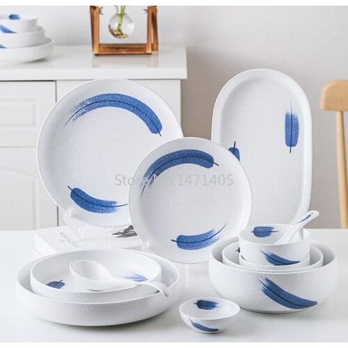 Korean and Japanese Style Blue Rhyme Hand-painted Frosted Ceramic Bowl Soup Plate Spoon High-end Simple Household Tableware Set