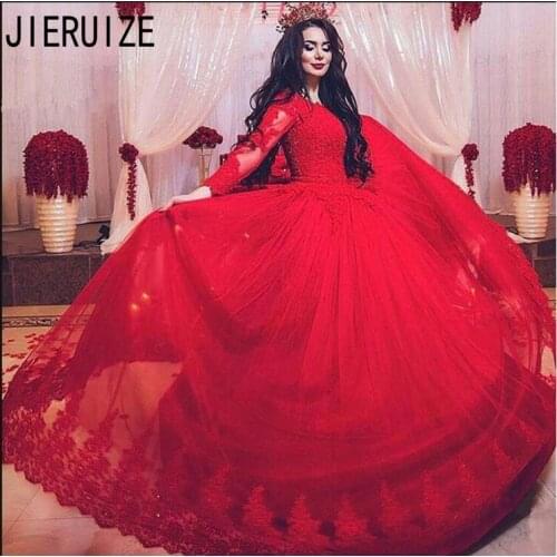 JIERUIZE Red Vintage Ball Gown Wedding Dresses Scoop Neck Long Sleeves Appliqued Lace Up Back Wedding Gowns vestido de noiva