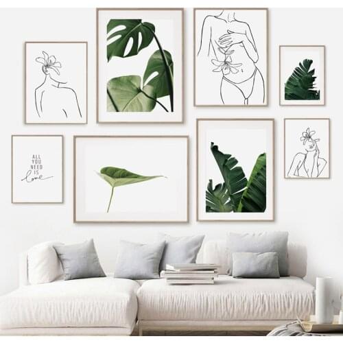Monstera Banana Leaf Abstract Line Flower Wall Art Canvas Painting Nordic Posters And Prints Wall Pictures For Living Room Decor