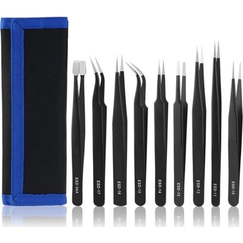 9PCS Stainless Steel Tweezers Set Anti-Static Precision Tweezers For Watch Jewelry Mobile Phone Professional Repair Tool Kit