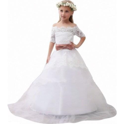 First Communion Dresses For Girls One Neck Flower Girl Dresses Half Sleeve Vestido Comunion For Wedding Prom Dress