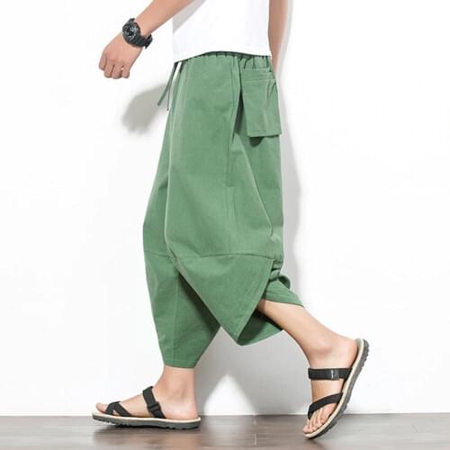 Casual Pants Men Summer Casual Plus Size Solid Color Cropped Harem Pants Wide Leg Trousers