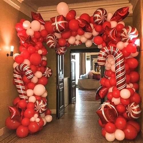 Christmas Balloon Garland Arch kit 144 Pieces with Christmas Red White Candy Balloons Gift Box Balloons Red Star Balloons
