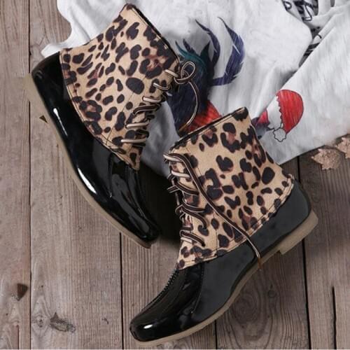 Mudibear Snow Boots For Women Female Leopard Color Matching Lace-up Rubber Sole Winter New Mid-Tube Shoes Warm Non-Slip Fashion