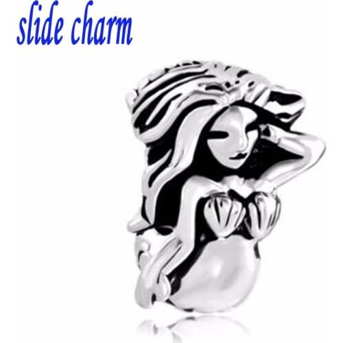 Slide charm Free shipping Valentines Day gift fashion black and white mermaid charm beads fit Pandora bracelet