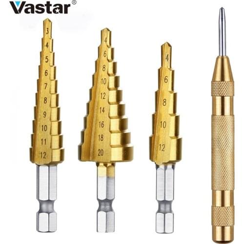 Vastar HSS Steel Titanium Step Drill Bit 3-12mm 4-12mm 4-20mm Step Cone Cutt Tools Metal Drill Bit Set for Woodworking Wood