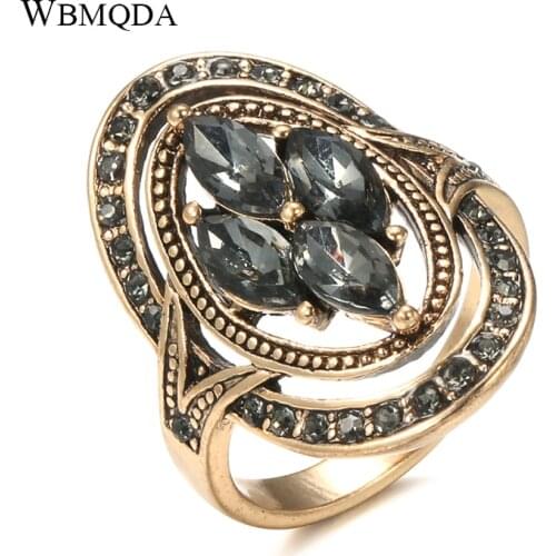 Wbmqda Charm Boho Gray Crystal Rings for Women 585 Antique Gold Color Ethnic Wedding Ring Vintage Jewelry Russia Accessories