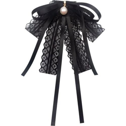 Women Girls Black Lace Ribbon Bow Tie Imitation Pearl Pendant Brooch Pin Necklace Student Uniform Shirt Blouse Pre-Tied