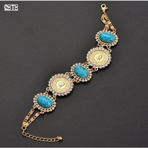 Womens 21 + 5 Cm Crystal Coin Bracelet Mens Gold Noble and Elegant Turkish Muslim Bracelet Arab Turkish Temperament Jewelry