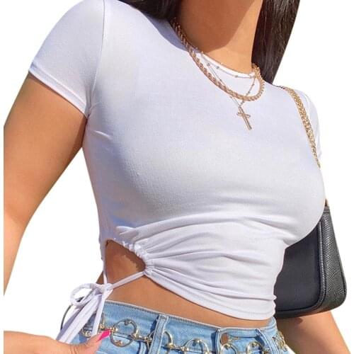 Womens Sexy Drawstring Crop Top Fashion Short Sleeve Bodycon Workout T-Shirt Basic Tee