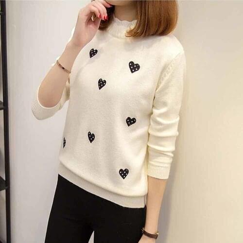 2021 Autumn Winter Knitted Turtleneck Pullover and Sweater Women Jumper Love Embroidery Cute Sweater Female Pull Fmme