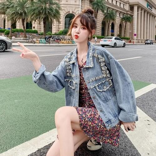 2021 Jacket Denim 2021 Fashion Loose Free Shipping Real Shot Nail Beads Heavy Industry Hole