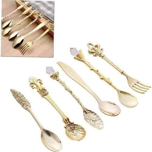 6Pcs Vintage Carved Coffee Spoon Set Royal Style Zinc Alloy Tableware Gold Stainless Steel Kitchen Cute Spoon and Fork