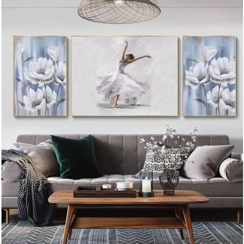 Nordic Abstract Hand Painted Blue Flower Poster Dance Beauty Wall Art Oil Painting Home Decor Design Printing Livingroom Bedroom