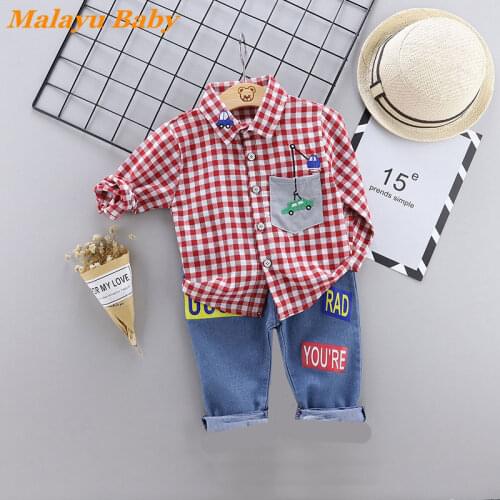 Toddler Boy Clothes Set Autumn Fashion Child Cartoon Plaid Long-Sleeved Shirt Casual Jeans 2 Pcs Outfits 1-4 Year Baby Costume