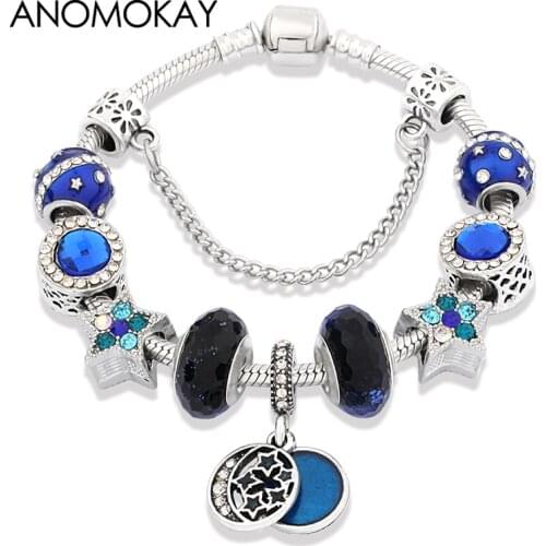 European & American Trendy Dark Blue Star Moon Charm Bracelet DIY Murano Crystal Bead Bracelet Homme for Men Boy Jewelry Gift