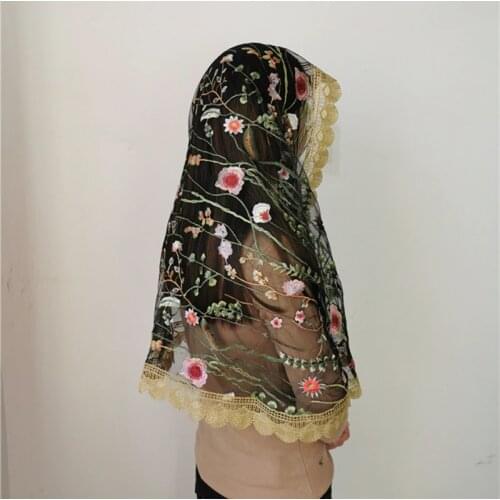 Catholic Mantilla Veils Women Headscarf for church Latin Mass Tulle Floral Lace Gold Trimmed Appliques Colorful Veils Real photo