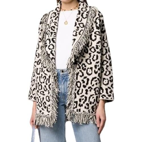 Jastie 2021 Autumn Winter Women Cardigan Sweater Lapel Leopard Tassel Cashmere Cardigan Jacket Coat Loose Sweater кардиган