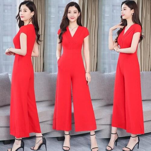 NEW Summer Women Jumpsuit V-neck Short-sleeved High-waist Jumpsuits Wide-leg Nine Pants Suit Slim Plus Size Womens Clothing 928