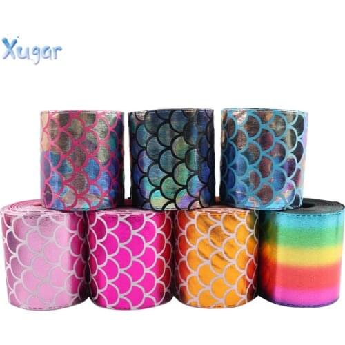 Xugar 2Y/lot Width 75mm Laser Ribbon Mermaid Leather Fabric High Quality Soft PU For Sewing Decorative DIY Headdress Materials