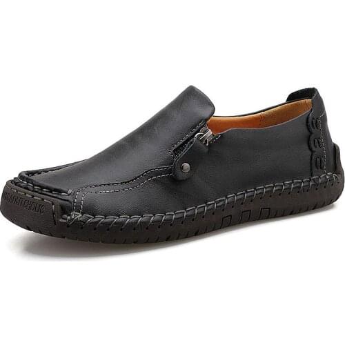 Large Size 48 Slip-on Mens Leather Casual Shoes Summer Fashion Side Zipper Rubber Non-slip Men Footwear Brand Handmade Loafers