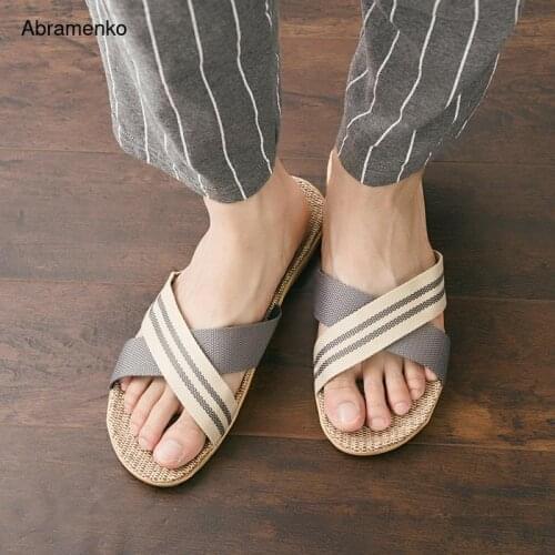 Men Summer Linen Slippers Fashion Striped Fabric Home Slippers Anti-slip Indoor Leisure Slides House Floor Slippers Size 40-45