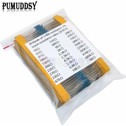 600pcs/set 30 Kinds 1/4W Resistance 1% Metal Film Resistor Pack Assorted Kit 1K 10K 100K 220ohm 1M Resistors 300pcs/set