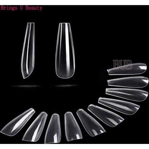 500pcs/bag Full Cover Long Ballerina False Nail Tips 10 Sizes Clear Natural White Acrylic ABS Material Fake Tip