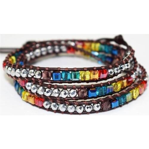 2019 Latest Handmade Leather Wrap 7 Chakra Bracelet Multi Color Crystal Beads Jewelry Natural Stone Bangle