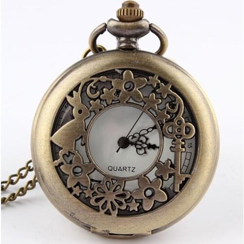 New Arrival Antique Bronze Alice in Wonderland Rabbit Flower Hollow Quartz Pocket Watch Necklace Pendant Chain Men Women Gifts