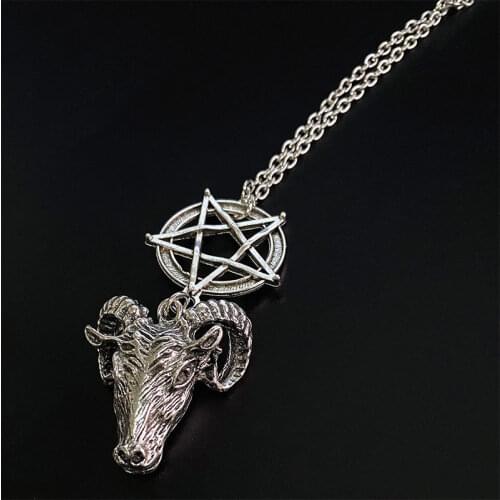 Pentagram Skull Goat Head Pendant Necklace Satanism Occult Metal Vintage Gothic Goth Witch Witchcraft Jewelry