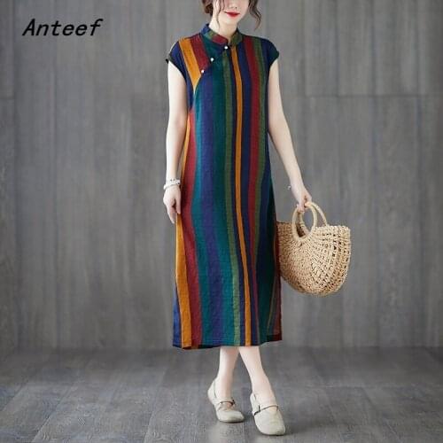 Cotton linen plus size vintage stripe women casual loose long summer dress elegant clothes 2021 ladies dresses sundress