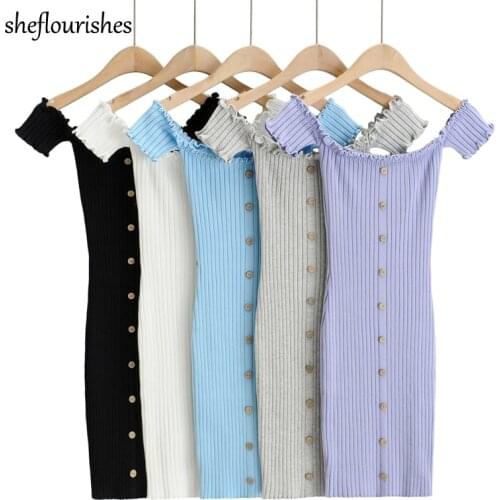 Summer off shoulder dress women sexy dresses short sleeve mini dress knitted single breasted dresses skinny ruffle dress white