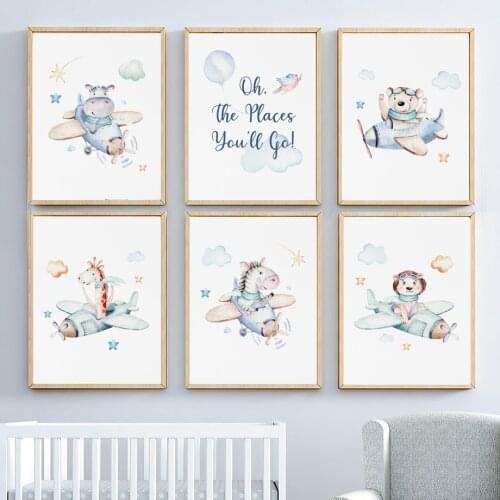 Lion Hippo Giraffe Star Moon Airplane Car Nordic Posters And Prints Wall Art Canvas Painting Baby Kids Room DecorWall Pictures