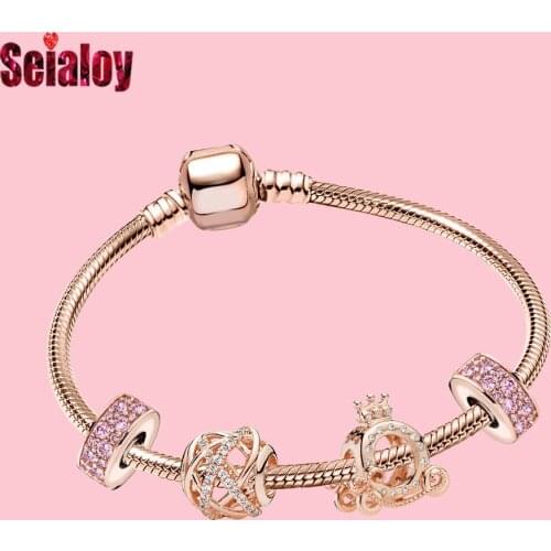 Seialoy Europe Fashion Rose Gold Crown Car Beaded Galaxy Charm Bracelets For Women Original New Girl Boy Diy Party Jewelry