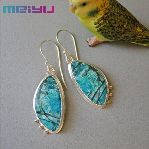 Delicate Painting Plant Pattern Drop Earrings Fine Retro Jewelry Silver Color Marine Blue Rhyolite Tree Branch Dangle Earring