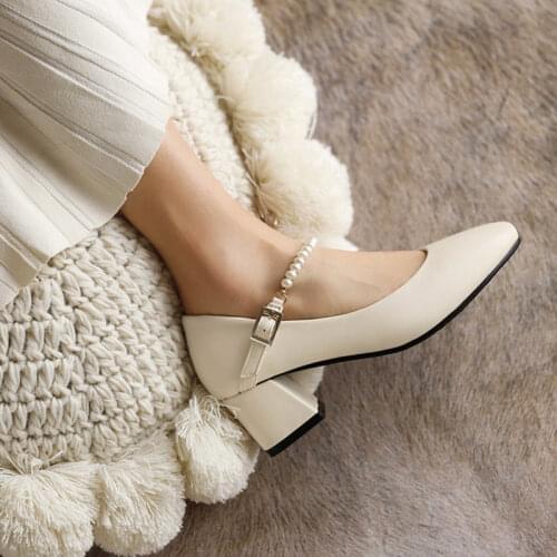 Ochanmeb Stylish Pearls Chain Shoes Woman Chunky Heels Black White Beige Color Pumps Office Ladies Career Shoes Plus Size 47 48