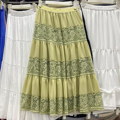 202 summer new Korean style large swing a-line skirt in the long section was thin stitching lace chiffon bust skirt female 1328