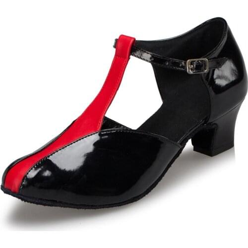 T-Strap Latin Modern Dance Shoes Womens Mid Heel 4.5cm Winter Black Party Shoes Closed Toe Latin Salsa Dance Shoes