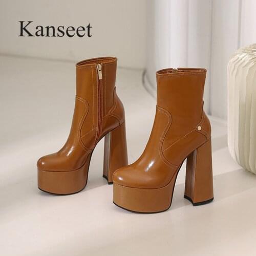 Kanseet Super High Heel Short Boots Autumn Winter New Round Toe Genuine Leather Party Zipper Platform Women Ankle Boots Size 40