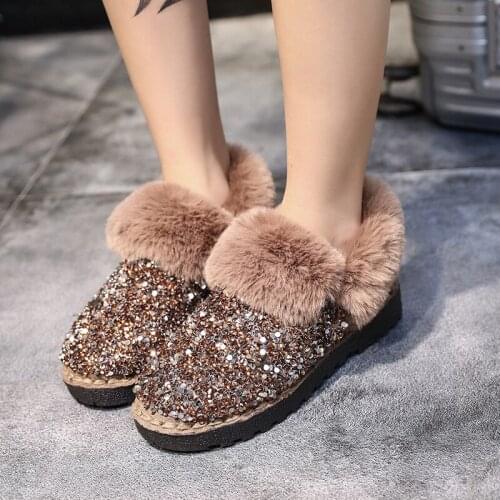 Winter Flat Shoes Sequined Cloth Women Ankle Boot Warm Plush Inside Ankle Boot Round Toe Antiskid Black Khaki Snow Boots U11-17