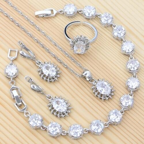 Womans Bracelet Open Ring Earring Necklace Pendant 925 Silver Jewelry Bridal Wedding Accessories Cubic Zirconia Jewelry Set