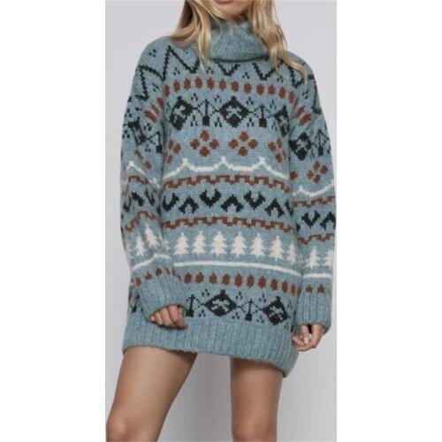 Woman Knitted Pullover Femme Chandails Turtleneck Sweaters Long Sleeve Vintage Jacquard Loose Mid-Length Ropa Mujer Korean Tops