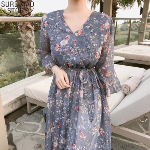 Fashion Women Dress 2021 Summer Dress Flare Short Sleeve Print Chiffon Vintage Long Dresses Sweet V-neck Causal Vestidos 10451