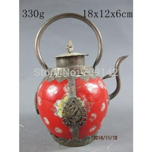 Decoration crafts Collectible handwork Red porcelain Flowers teapot Silver Monkey lid statue Tibet Miao Antique Old Silver